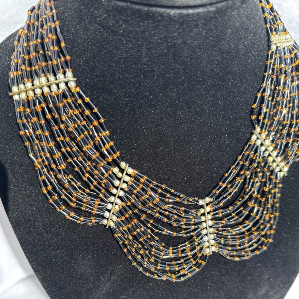 Vintage Multi-strand Black & Gold Beaded Necklace Tribal Boho Indie 19 inches